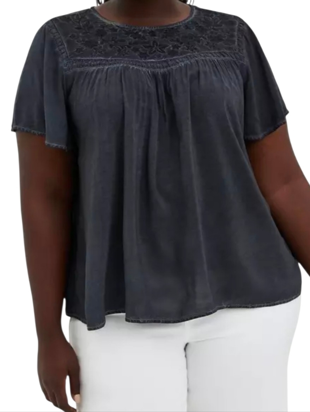 Torrid Challis Embroidered Yoke Short Flutter Sleeve Top Charcoal Grey 3X